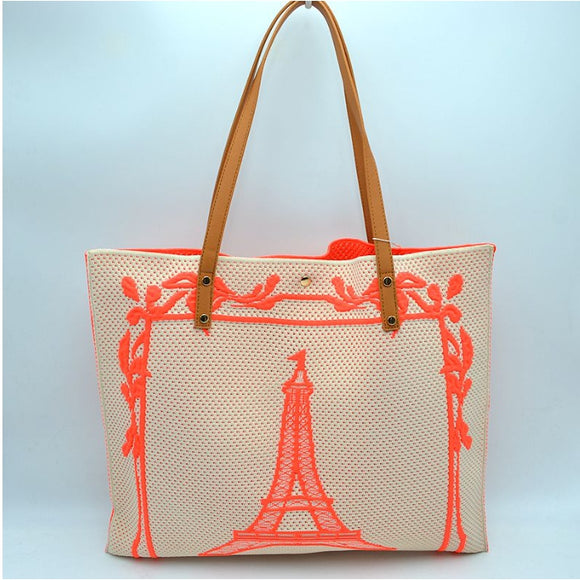 Eiffel tower embroidery fabric tote - tangerine