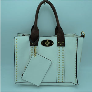3 in 1 Studded turn lock tote - white/brown