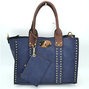 3 in 1 Studded turn lock tote - navy/brown