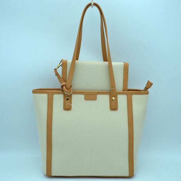 2-in-1 fabric tote with wallet - tan/beige