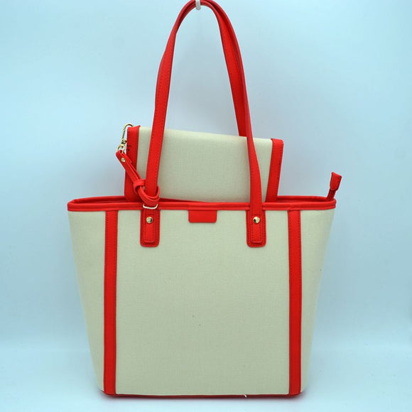 2-in-1 fabric tote with wallet - red/beige