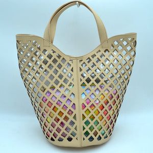Clear covered laser cut tote with pouch - beige