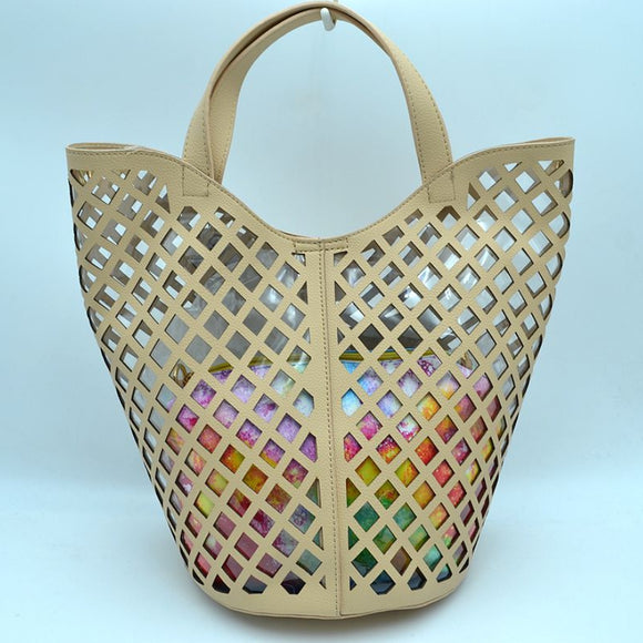 Clear covered laser cut tote with pouch - beige