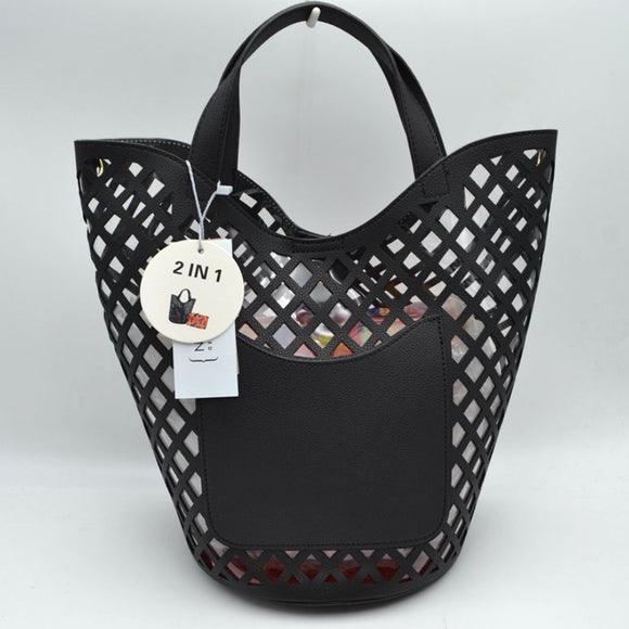Clear covered laser cut tote with pouch - black