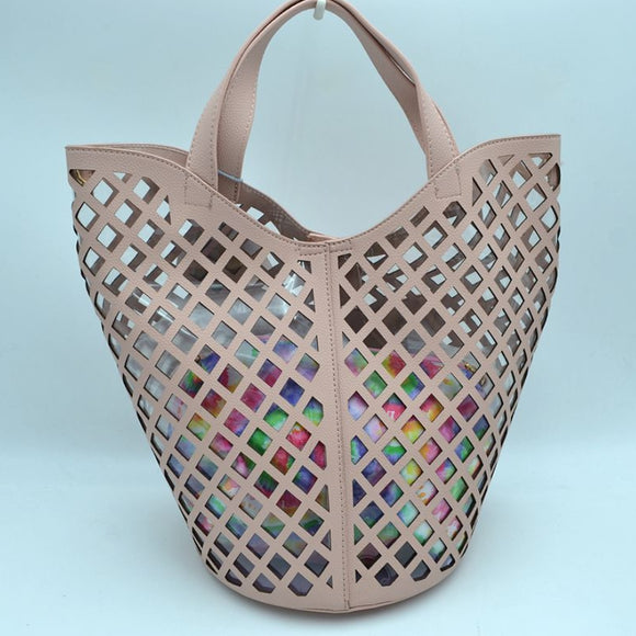 Clear covered laser cut tote with pouch - blush