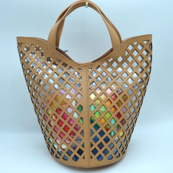 Clear covered laser cut tote with pouch - taupe