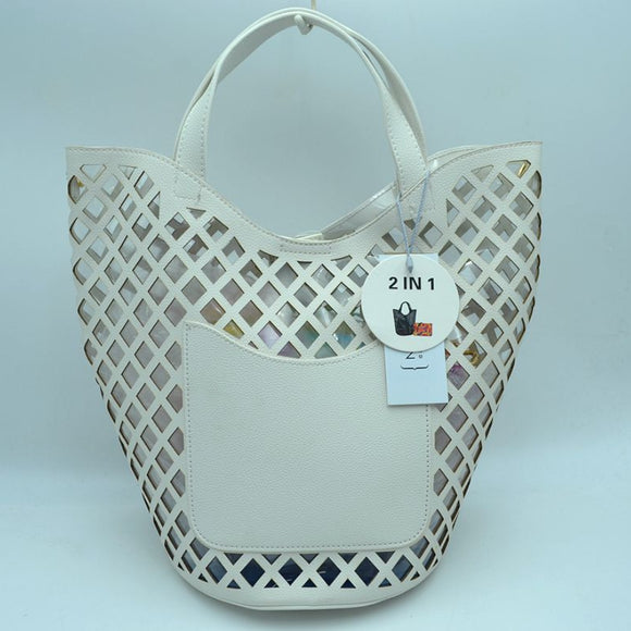 Clear covered laser cut tote with pouch - white
