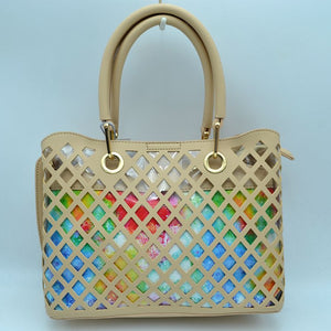 Clear covered laser cut linked tote with pouch - beige