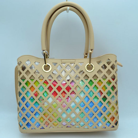 Clear covered laser cut linked tote with pouch - beige