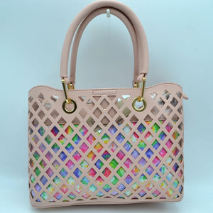 Clear covered laser cut linked tote with pouch - blush