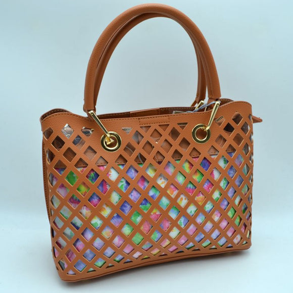 Clear covered laser cut linked tote with pouch - brown