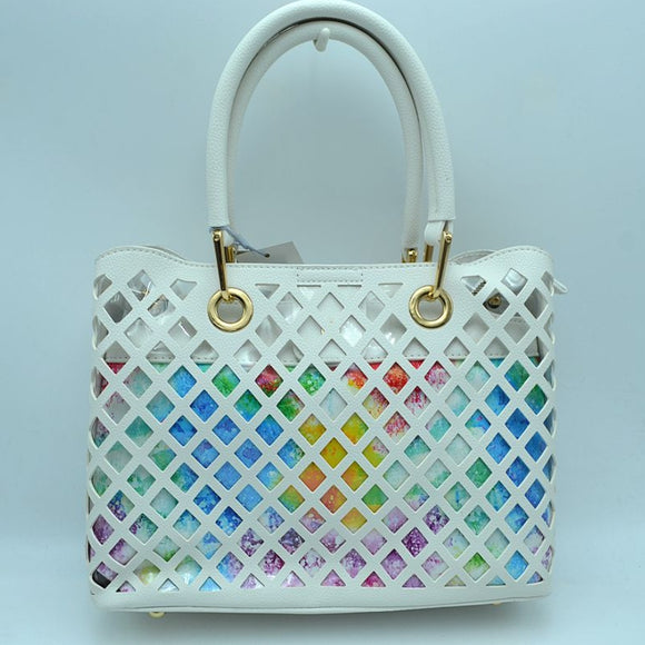 Clear covered laser cut linked tote with pouch - white