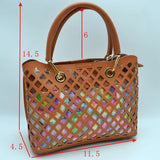 Clear covered laser cut linked tote with pouch - brown