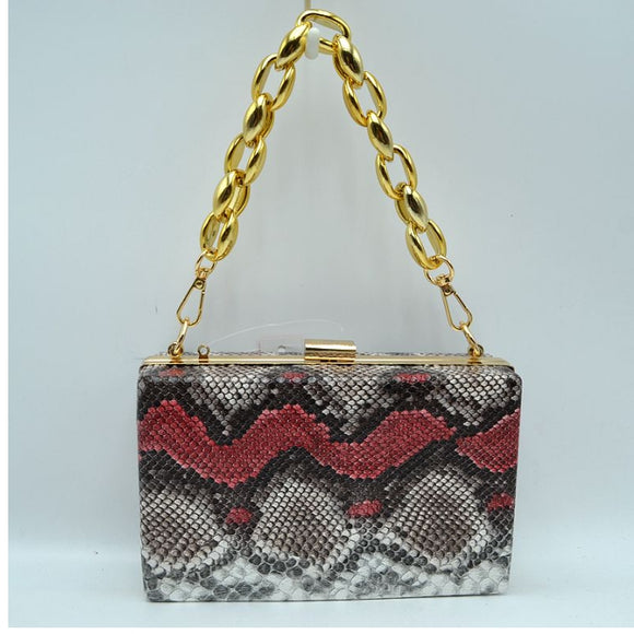 Snake pattern fake chain clutch - red