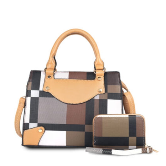 Color-block tote with wallet - khaki