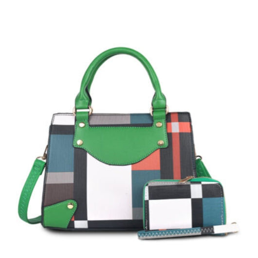 Color-block tote with wallet - green