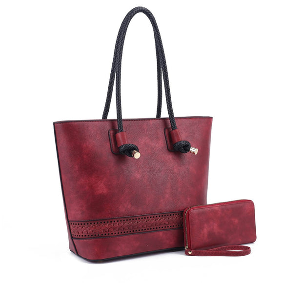 Weaving detail rope handle tote with wallet - red