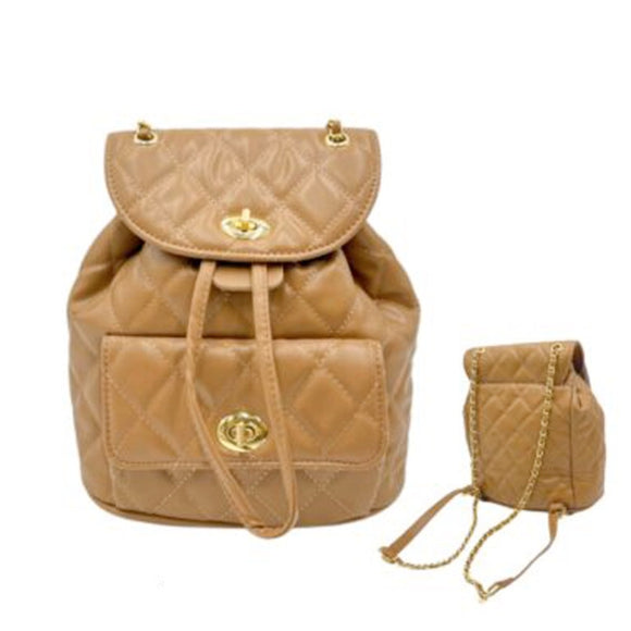 Diamond quilted drawsting chain backpack - sand