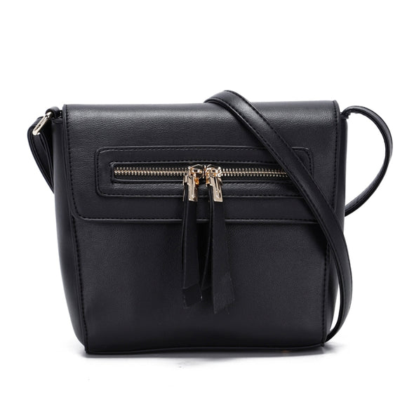 Front zipper fold-over crossbody bag - black