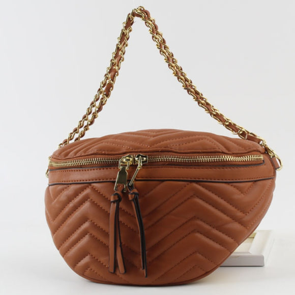 Chevron quilted chain crossbody bag - brown