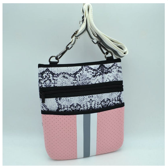 Color-block stripped neoprene crossbody bag  - snake pink