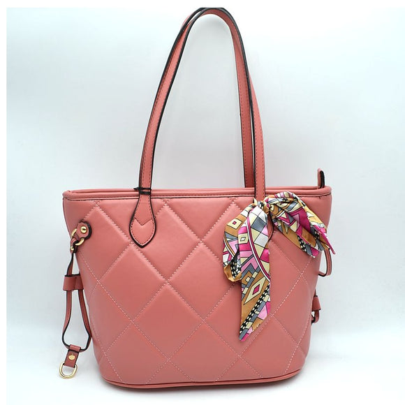 Diamond quilted tote with deco scarf - berry