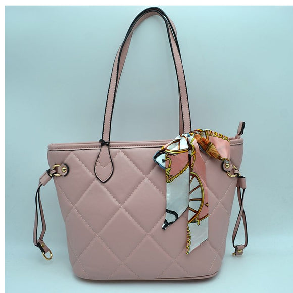 Diamond quilted tote with deco scarf - mauve