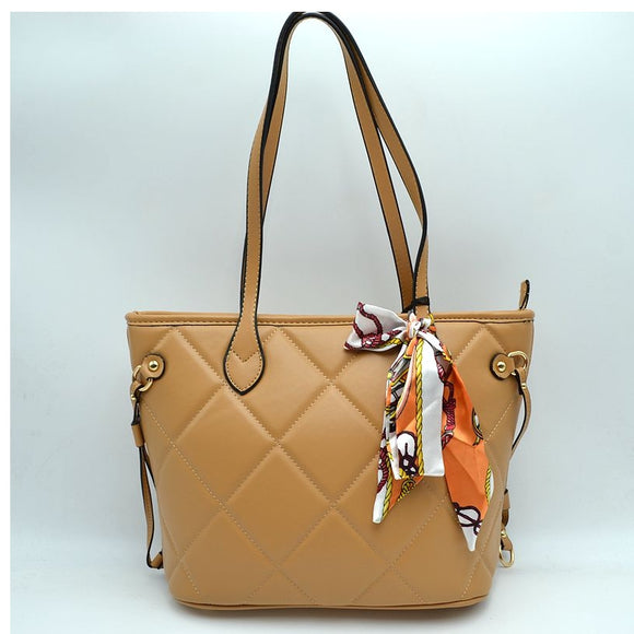 Diamond quilted tote with deco scarf - brown