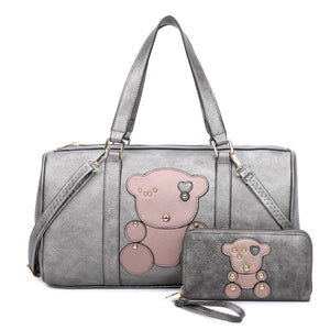 3-in-1 fashion bear duffle bag with wallet - pewter