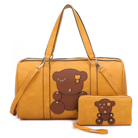 3-in-1 fashion bear duffle bag with wallet - mustard