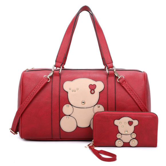 3-in-1 fashion bear duffle bag with wallet - burgundy