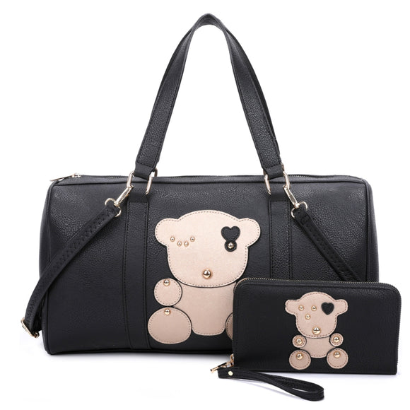 3-in-1 fashion bear duffle bag with wallet - black