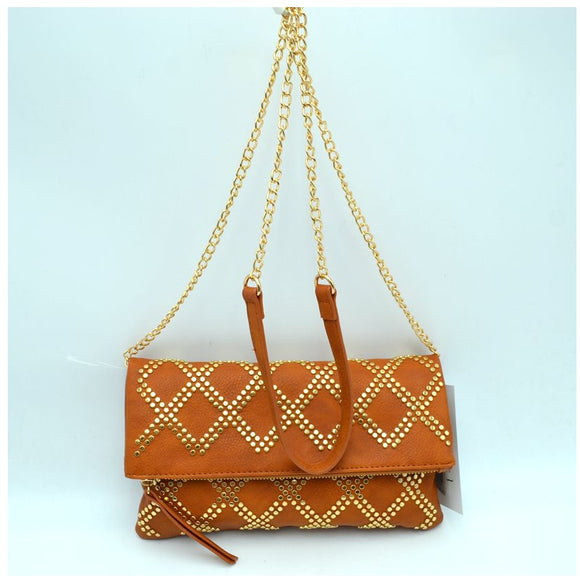 Studded fold-over chain crossbody bag - brown