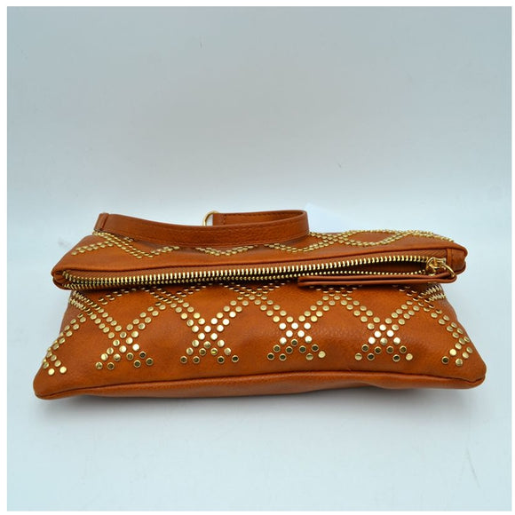 Studded fold-over chain crossbody bag - beige