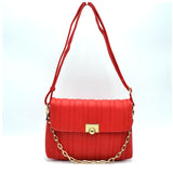 Quilted fold-over chain detail crossbody bag - red