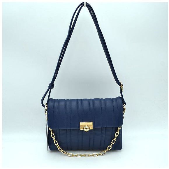 Quilted fold-over chain detail crossbody bag - navy blue