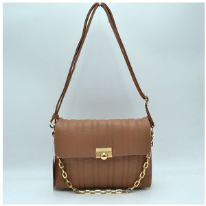 Quilted fold-over chain detail crossbody bag - dark tan