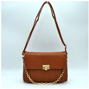 Quilted fold-over chain detail crossbody bag - brown