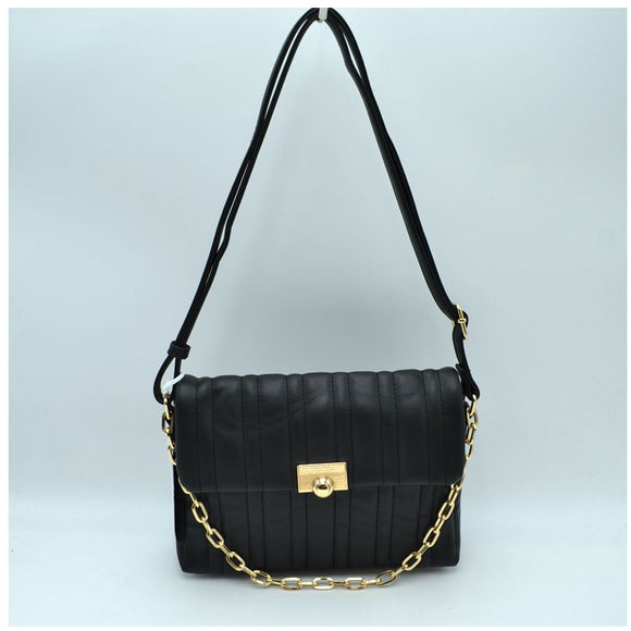 Quilted fold-over chain detail crossbody bag - black