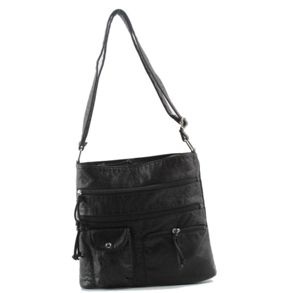 Triple zipper utility washed crossbody bag - black