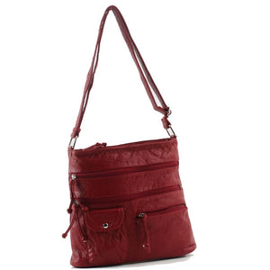 Triple zipper utility washed crossbody bag - dark red