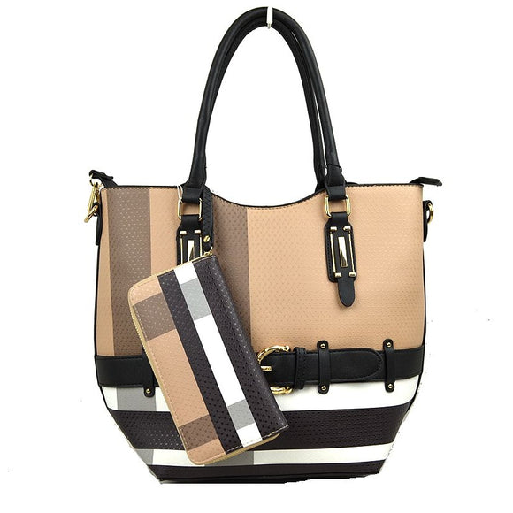 Belted plaid pattern tote with wallet - black/brown