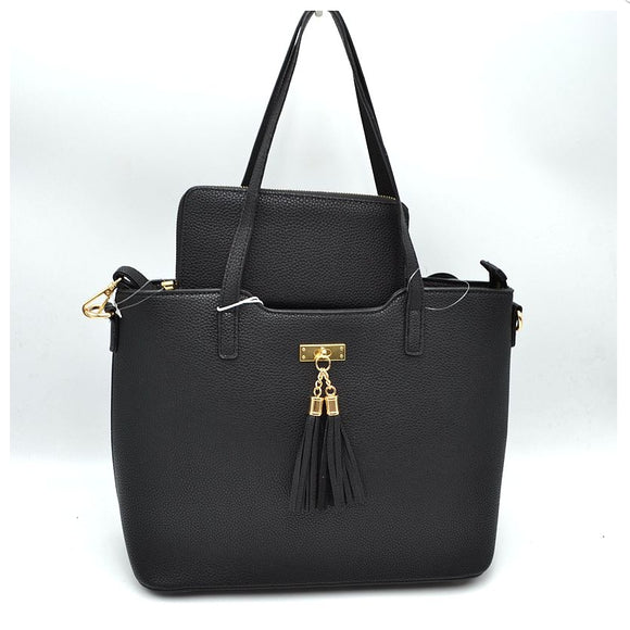 Tassel accent tote with wallet - black