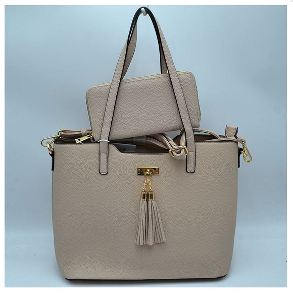 Tassel accent tote with wallet - nude