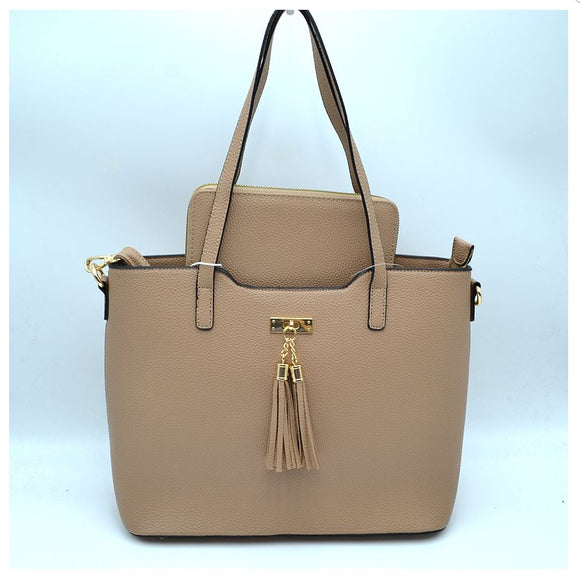 Tassel accent tote with wallet - taupe