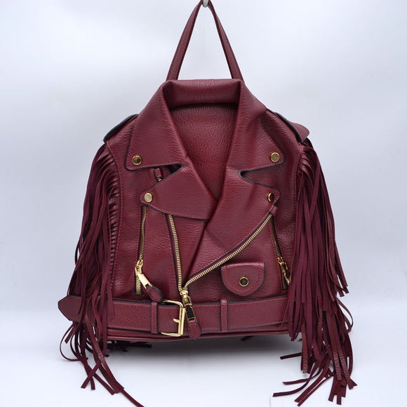 Convertible fringe leather jacket tote & backpack - burgundy
