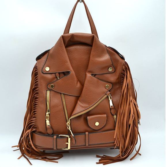 Convertible fringe leather jacket tote & backpack - brown