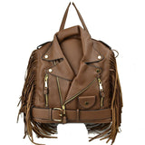 Convertible fringe leather jacket tote & backpack - coffee