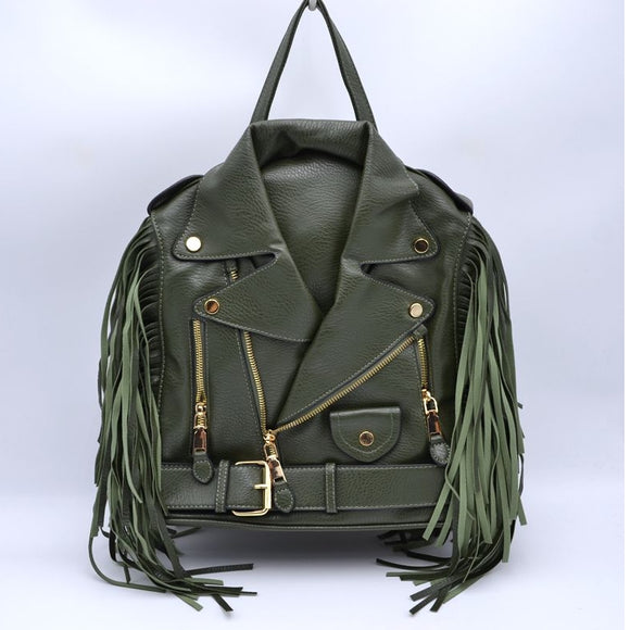 Convertible fringe leather jacket tote & backpack - dark green