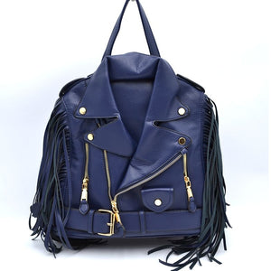 Convertible fringe leather jacket tote & backpack - navy